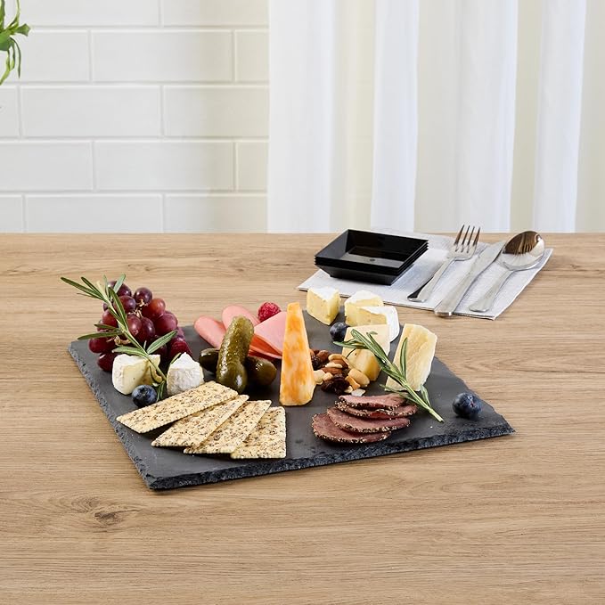 Restaurantware Slate Serving Tray 1 Pack of 12 x 12" Foam Feet Charcuterie Stone Plate Rustic Edges Freezable Black Square Serving Display Cheese Board for Kitchen, Gourmet, Dining, Parties
