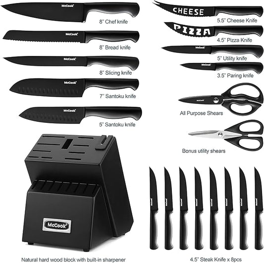 McCook® Premium Black Knife Sets,German Stainless Steel Kitchen Knives Block Set with Built-in Sharpener
