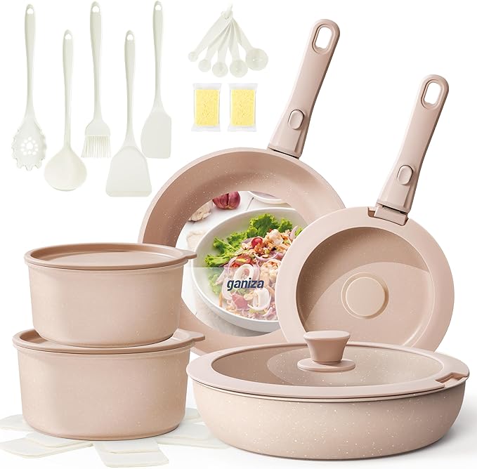 Ganiza 27pcs Nonstick Cookware Set, Pots and Pans Set Non Stick Detachable Handle, Non Toxic Cookware Sets Induction, Pots and Pans with Removable Handles, RV Cooking Set, Oven/Dishwasher Safe, Pink