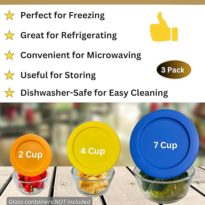2, 4 & 7 Cup Orange, Yellow, Blue Replacement Lids/Covers for Pyrex, Anchor Hocking & KlareWare Storage Bowls *Lids Only Glass Container Not Included* (3 Pack *One of Each Size*)