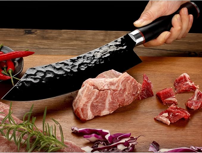 YOUSUNLONG Butcher Knife - 8 Inch Meat cleaver - Japanese AUS8 Black Titanium Nitride Coated Steel - Super Sharp - Natural Ebony Handle
