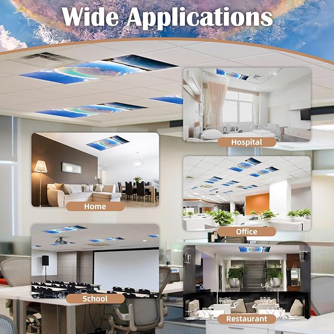 2 Pcs Fluorescent Light Covers - 4 x 2 Feet Covers for Ceiling Lights, Magnetic Light Filters for Classroom, Office, Hospitals, Home (Blue Sky - Rainbow)