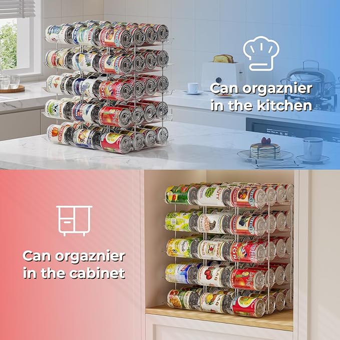 Stackable 5 Tiers Can Organizer Pantry, Canned Food Holder for Fridge Holds 60 Cans, Free Combination & Automatic Rolling, Space Saving Storage for Refrigerator Kitchen Pantry, Clear