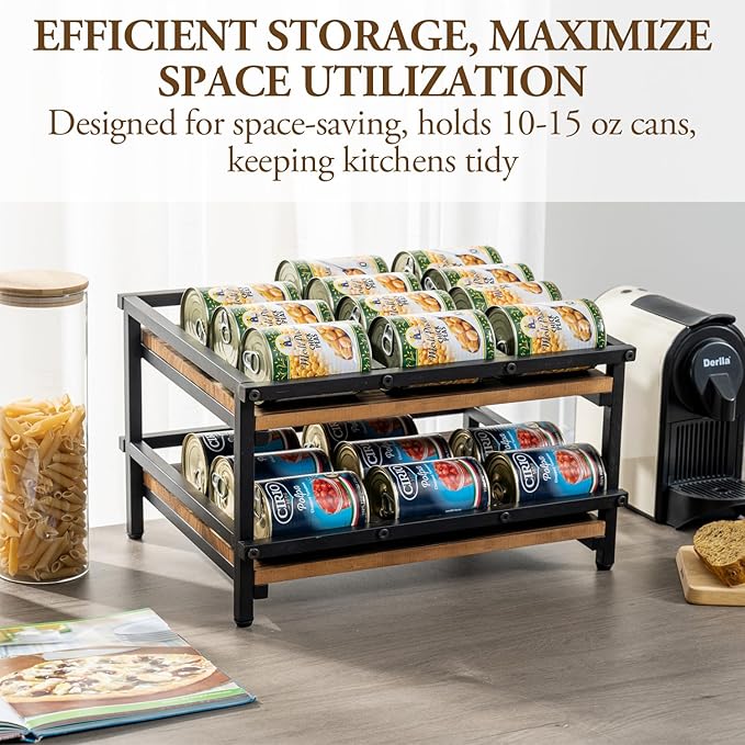 MyGift 2-Tier Canned Goods Organizer for Pantry, Urban Industrial Matte Black Metal and Rustic Burnt Solid Wood Countertop Can Holder Storage Dispenser Rack, Holds 10 to 15 oz Can Sizes