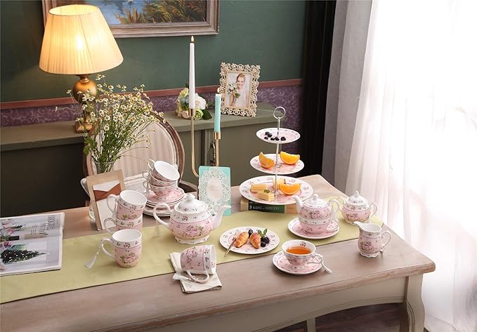 London Boutique Coffee Tea Cup and Saucer Set 4 Shabby Chic Vintage Porcelain Bird Butterfly Flora Gift Box 7.5OZ (Rose Pink)