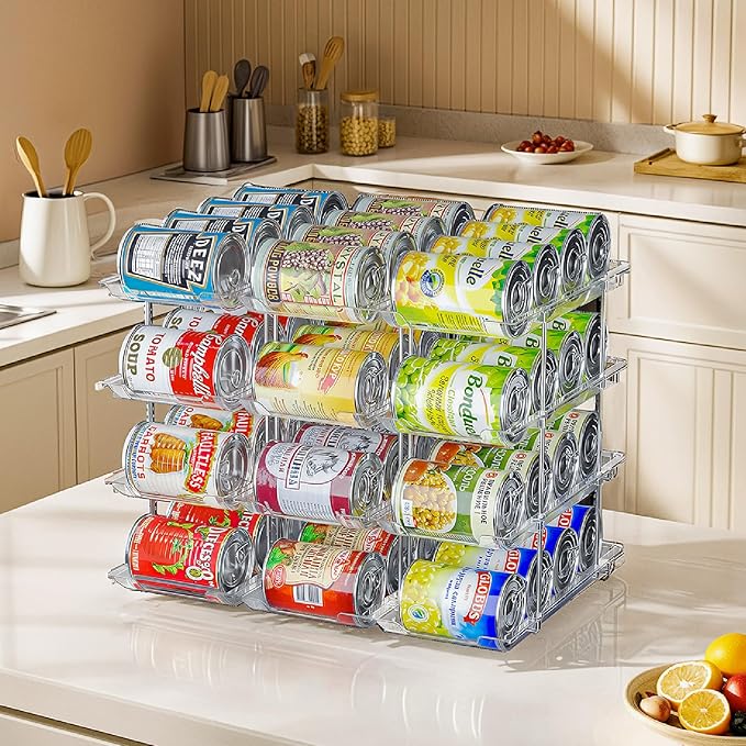 Can Organizer for Pantry, Upgraded Thickened Modular 4 Tier Combinable Can Storage and Beverage Dispenser Rack, Canned Food Organizer Holds 48 Cans, Clear Can Holders for Pantry and FridgeFridge