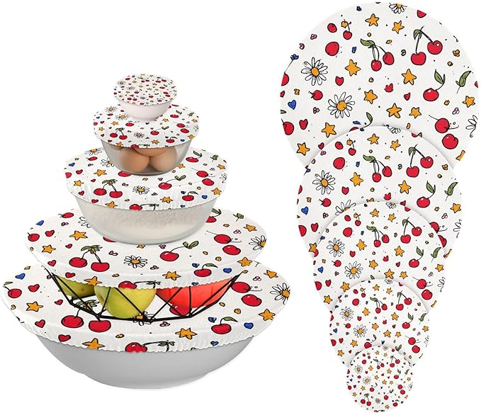5 Pcs Bowl Covers Reusable in 5 Size Elastic Food Cover Cloth Lids Fresh Keeping Dish Cookware Bakeware Fabric Covers Lids for Food Leftovers Fruits Storage Cherry Stars Flower