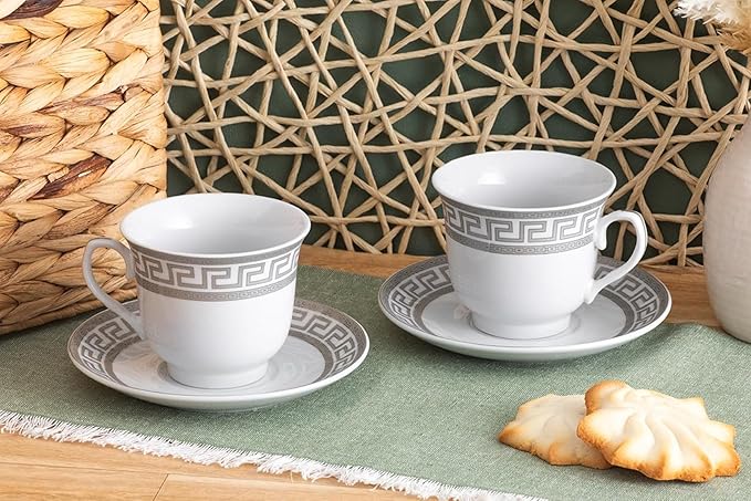 Porcelain Tea Cup and Saucer Set - 12 Piece White and Silver Greek Key Design - 6.5 oz Cups, 5.5 inch Saucers - Vintage Tea Set For Adults, Elegant Party Tea Cup Set (Meander Silver)