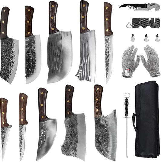 FULLHI 16pcs Butcher Knife Set Hand Forged chef knife Boning Knife With Sheath High Carbon Steel Chef For Kitchen, Camping, BBQ