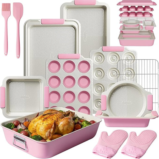 Kikcoin 25 PCS Stackable Baking Pans Set, Non-stick Bakeware Sets with Silicone Handles, 450°F Oven Safe Cookie Sheets for Baking, Easy Release Heavy-duty Baking Sheets Non Stick, Pink