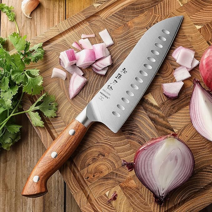 HEZHEN Santoku Chef Knife-7.3 inch Blade German DIN 1.4116 Stainless Steel-Full Tang-Red Wood Handle