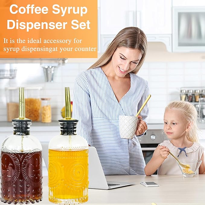 Oudizz Coffee Syrup Dispenser Set 2 Pcs - 200ml Syrup Dispenser Glass With Metal Pour Spout for Coffee Bar for Kitchen
