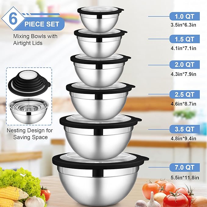 LIANYU Stainless Steel Mixing Bowls Sets of 6, Large Metal Nesting Bowl Sets for Home Kitchen, 7, 3.5, 2.5, 2, 1.5, 1QT Size with Transparent Airtight Lids, Dishwasher & Freezer Safe, Black