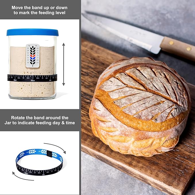 Premium Sourdough Starter Jar - 40oz Large Sourdough Jar with Marked Feeding Band, Thermometer, Scraper, Cloth Cover and Silicone Lid/Base, Wide Mouth Starter Kit - Blue/Red