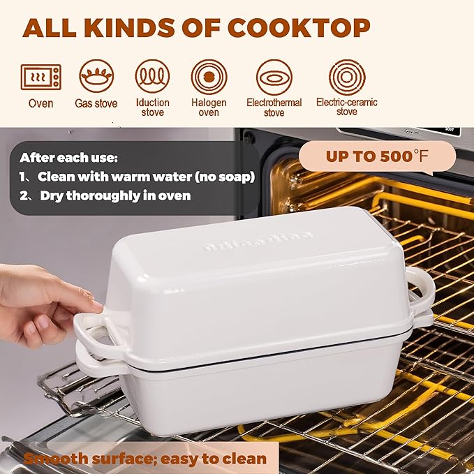 11x5 Inch Cast Iron Bread Loaf Pan With Lid, 5.8 Qt Large Loaf Pan for Sourdough Bread Baking, Heavy Duty Dutch Oven Bread Pan For a Crispy Crus (Cream White)