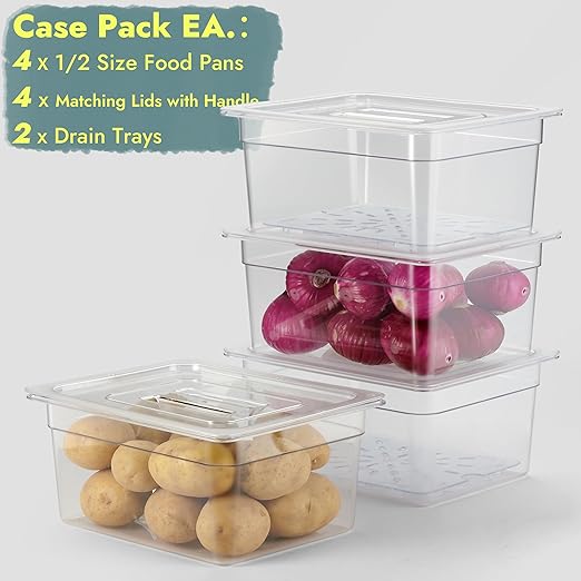 CURTA 4-Pack 1/2 Size 6" Deep NSF Polycarbonate Food Pans with Handled Lids & Drain Trays | Dishwasher & Freezer Safe Clear Container for Prep Tables, Buffet, Salad Bar, Commercial Kitchen