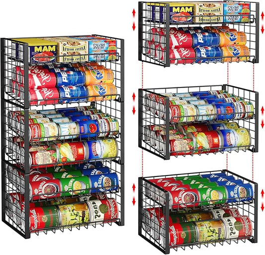 3-Pack Stackable Can Rack Organizer for Pantry, Adjustable Can Holder for Various Ounce of Cans up to 90, Rolling Can Dispenser for Canned Food Soup Goods Storage in Kitchen Cabniet, 2 Tier, Black