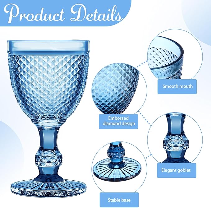 Bokon 12 Pack Blue Glass Goblets Set 10 oz High Clear Wine Glass Vintage Water Goblets Cups Embossed Diamond Design Glassware with Stem for Drinking Juice Liquor Party Wedding Bar