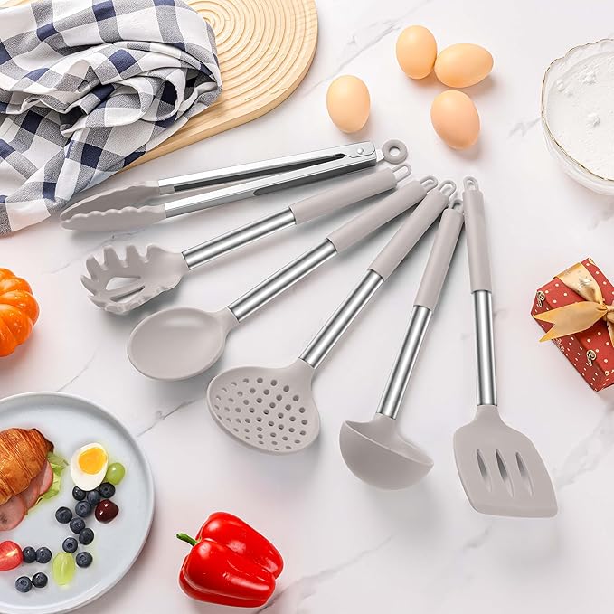 LIANYU Cooking Utensils Set of 6, Silicone Kitchen Utensils Set for Nonstick Cookware, Heat Resistant Kitchen Gadgets Tools, Includes Spatulas, Spoons, Tongs, Stainless Steel Handle, Khaki