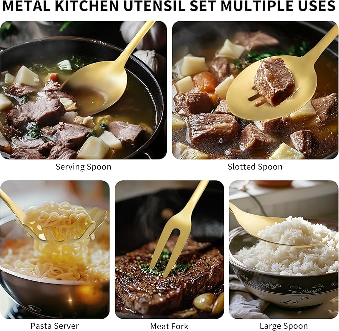 304 Stainlss Steel Kitchen Utensils Set, 10 Pcs Metal Cooking Utensil, Matte Kitchen Gadget Cookware and Kitchen Tool Set, Dishwasher Safe(Gold)