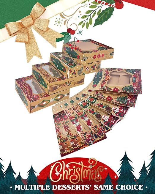 qiqee Christmas Kraft Pie Boxes with Window 10x10x2.5 inch 30Packs Cookie Donut Bakery Box