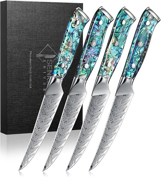 SENKEN 4-Piece Damascus Steak Knife Set, Non-Serrated Blades, Real Abalone Shell Handle, "Umi" Collection Japanese Straight-Edge Steak Knives, Japanese VG10 Steel 67-Layer Damascus