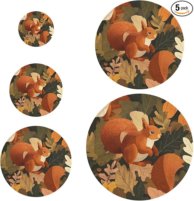 5 Pcs Bowl Covers Reusable in 5 Size Elastic Food Cover Cloth Lids Fresh Keeping Dish Cookware Bakeware Fabric Covers Lids for Food Leftovers Fruits Storage Orange Squirrel Leaves Falling