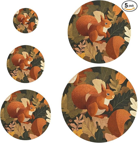 5 Pcs Bowl Covers Reusable in 5 Size Elastic Food Cover Cloth Lids Fresh Keeping Dish Cookware Bakeware Fabric Covers Lids for Food Leftovers Fruits Storage Orange Squirrel Leaves Falling