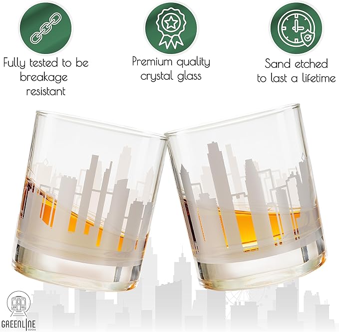 Greenline Goods Skyline Etched Philadelphia Whiskey Glasses Gift (Set of 2) | Old Fashioned Tumbler – For Philadelphia Lovers - City Accessories and Souvenirs - Philadelphia Glassware Decor