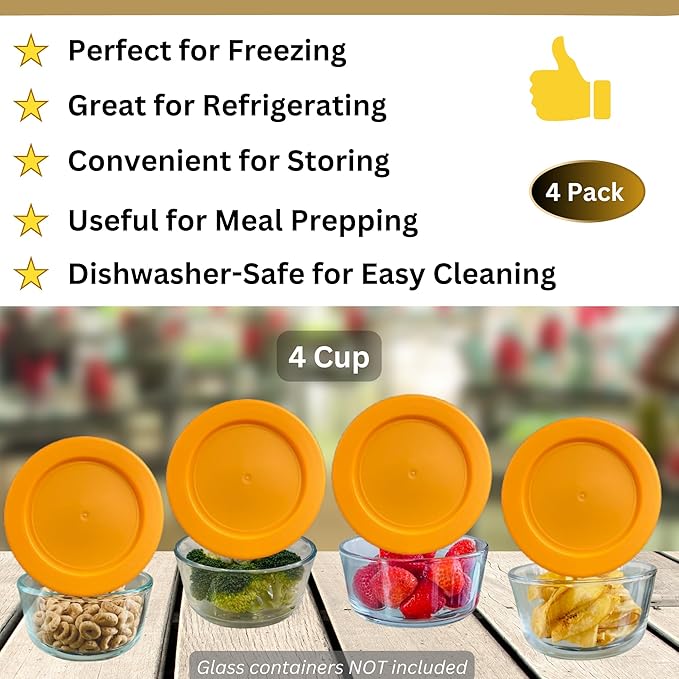4 Cup/950 mL Orange Replacement Lids/Covers for Pyrex 7201-PC, 4 Cup/32oz Anchor Hocking & Klare Ware Storage Bowls *Lids Only* - *Glass Container Not Included* (4 Pack, Orange)