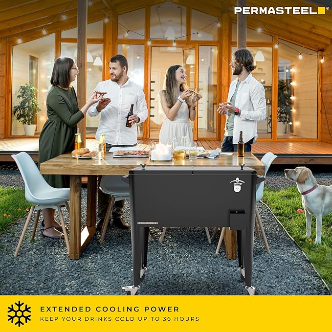 Permasteel 80 Quart Party Cooler, Rolling Ice Chest with Wheels and Handles for Indoor Outdoor Patio
