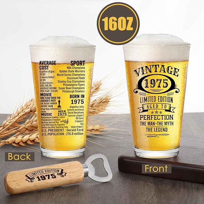 50th Birthday Gifts For Men 1975 Vintage Beer Glass 50 Year Old Birthday Decorations For Him 50th Bday Funny 50th Birthday Gifts Idea For Man Over 50 - Turning 50