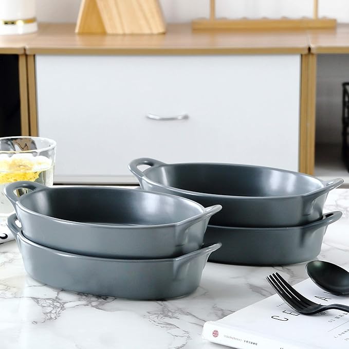 Bruntmor 8" x 5" Oval Porcelain Ceramic Deep Dish Pie Pan Set of 4, Double Handle Au Gratin Baking Dishes, Oven Safe Roasting Lasagna Pan For kitchen- Gray