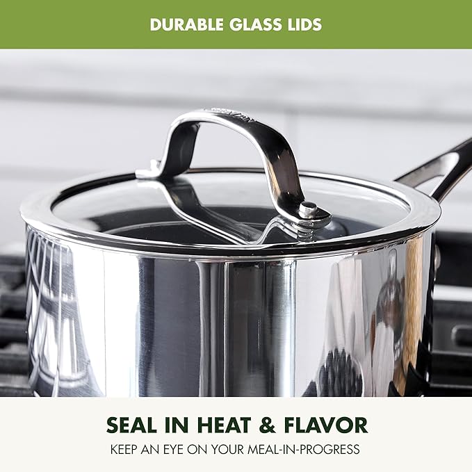 GreenPan Valencia Tri-Ply Stainless Steel 10 Piece Cookware Set, Induction Ready Pots & Pans, Mirror Finish, Dishwasher Safe & Oven/Broiler Safe to 600F, Compatible with All Cooktops, Silver