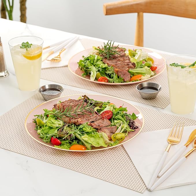 Restaurantware Plastic Plates 20 Pcs 10" Gold Rimmed Disposable Plates Heavy-Duty Pink Translucent Rippled Plastic Dinner Servers for Party, Weddings, Salads, Desserts, and Appetizers