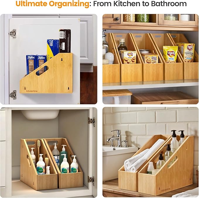 Slim Bamboo Storage Bin with Handles – Heavy-Duty Organizer for Pans, Lids, Cutting Boards, Snacks & More | Open-Front & No-Drill Wall Mount | Kitchen, Pantry, Bathroom & Office Use