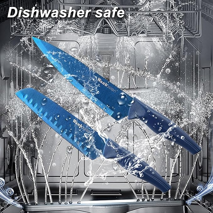 Wanbasion Blue Stainless Steel Knife Set, Sharp Kitchen Knife Set Professional, Kitchen Knife Set Dishwasher Safe with Covers for Cooking