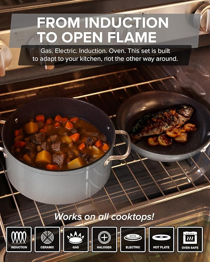 Nuwave Healthy G11-Pots and Pans Set Non Stick, 9H Near-Diamond Hardness Scratch-Resistant, Works on All Stovetops, PFAS Free, with Frying Pans, Saucepans & Glass Lids, Stay-Cool Handles, Cool Gray