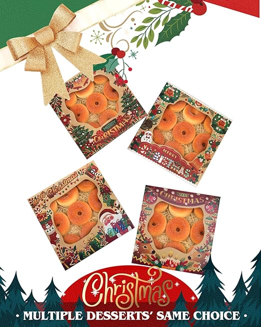 qiqee Christmas Kraft Pie Boxes with Window 10x10x2.5 inch 30Packs Cookie Donut Bakery Box