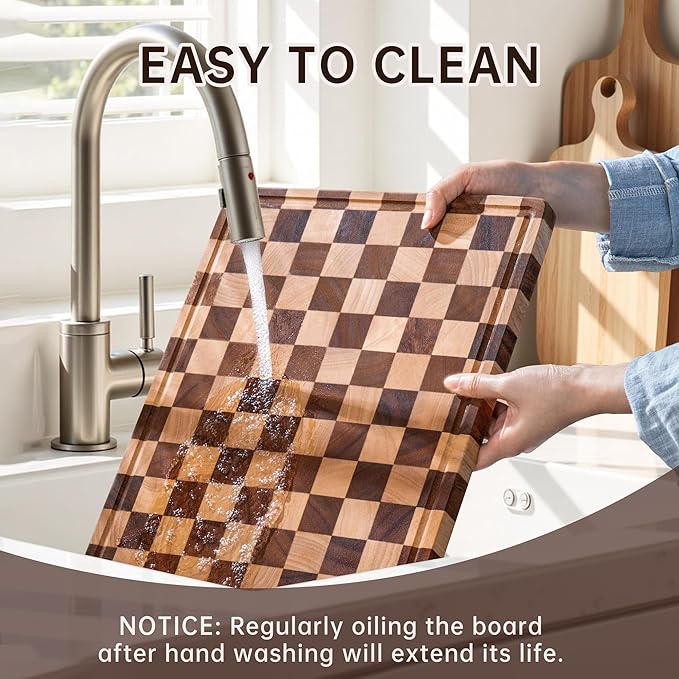 Cutting Board Set, Acacia Wood Checkered Cutting Boards for Kitchen, 3 pcs Chopping Board with Juice Grooves & Handles, Butcher Block Serving Tray for Meat, Vegetables and Fruits with Gift Box