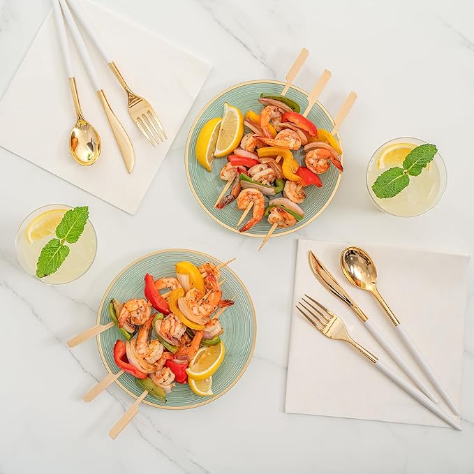 Restaurantware Plastic Plates 100 Pcs 7.25" Gold Rimmed Disposable Plates Heavy-Duty Green Translucent Rippled Plastic Dinner Servers for Party, Weddings, Salads, Desserts, and Appetizers