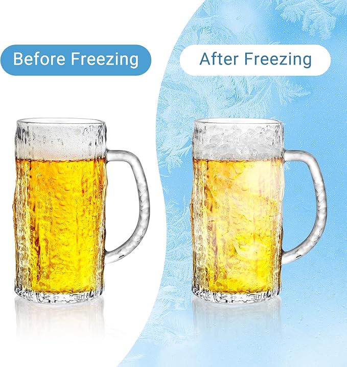 Beer Mug Set of 2, 16.5oz Glass Beer Mugs for Freezer, Clear Large Beer Steins with Handle, Gifts for Men