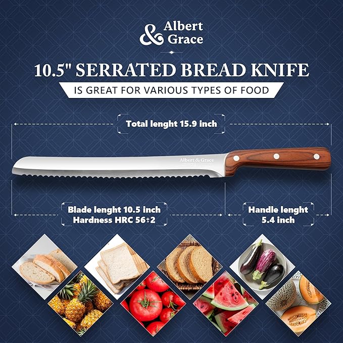 Albert&Grace 10.5-Inch Ultra Sharp Serrated Bread Slicer Knife Less Crumbs Knife for Homemade Bread, Bagels, Sourdough, and Soft Produce