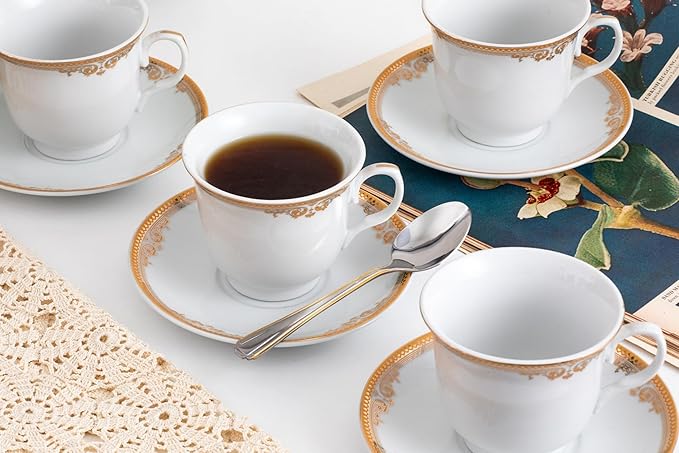 Porcelain Tea Set, 12 Piece - Elegant White with Gold Floral Edge Design - 5.5 Inch Saucers, 6.5 oz Cups - For Adults Tea Party or Everyday Dinnerware (Floral Gold)