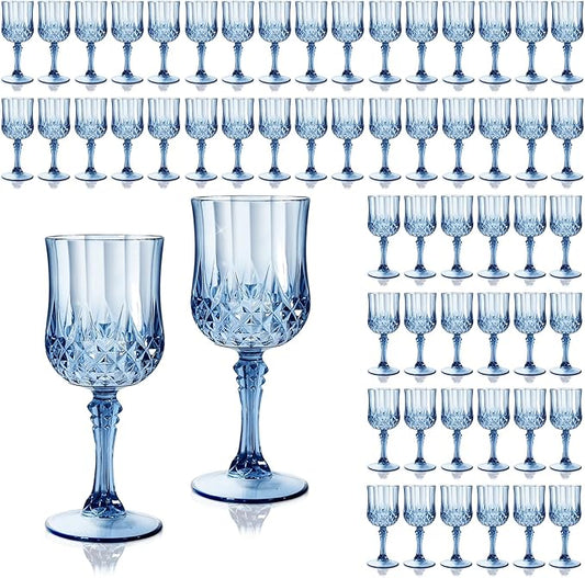 48 Pcs 7 Oz Plastic Goblets for Parties, Blue Plastic Wine Glasses Vintage Champagne Whiskey Crystal Water Goblets for Home, Office, Bars, Wedding, Ribbed (48, Ocean Blue)