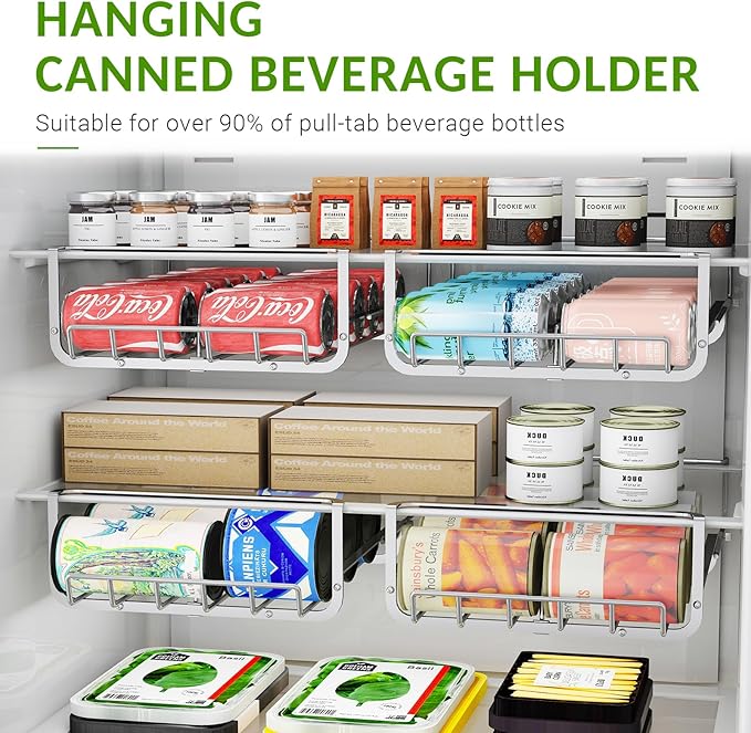 Refrigerator Hanging Soda Can Organizer Stainless Steel Drink Storage Rack Beer Can Dispenser 10 Cans Each Fits All Fridges & Canned Soda