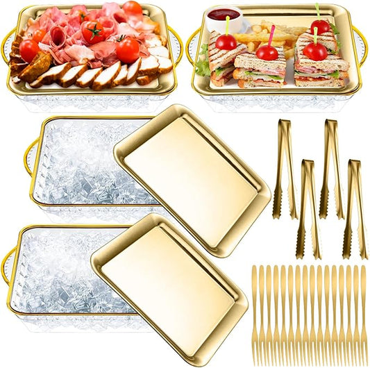 Baderke 4 Set 9" Chilled Serving Tray for Parties with Compartments Ice Chilled Party Platter Charcuterie Serving Board Cold Dish Dip with Forks Tongs for Fruit Seafood Vegetable Appetizer (Gold)