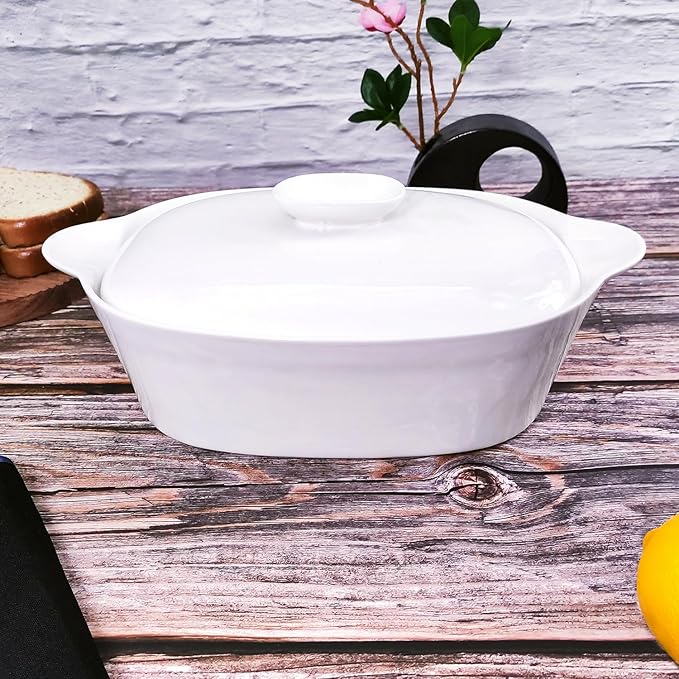 Casserole Dish with Lids, 2 Quart French White Ceramic Tureens, 12.8" x 7.9" Baking Dish, Serving Tureen Soup, for Casseroles, Lasagna Cookware Set, Microwave, Oven Safe