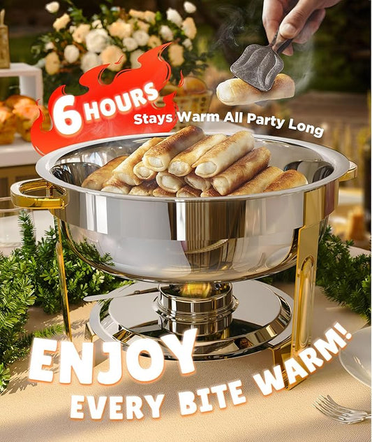 Chafing Dishes for Buffet 4 Pack, 6QT [Worry-Free Assemble] Food Warmers for Parties Buffet [Elegant Gold and Silver Colors] Stainless Steel Round Chafing Dish Buffet Set with Complete Set