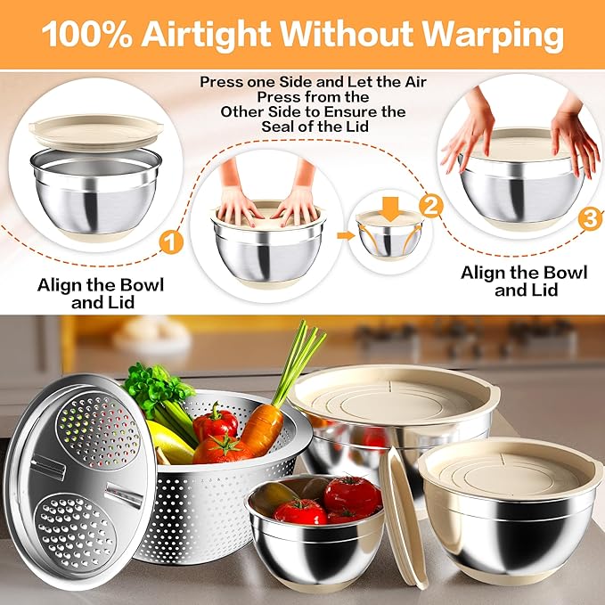 Mixing Bowls with Airtight Lids, Stainless Steel Mixing Bowl Set with 3 Metal Nesting Bowls, Colander & Grater, Non-Slip Bottoms, Size 1.5, 2.5, 6 QT, Great for Mixing & Serving, Khaki